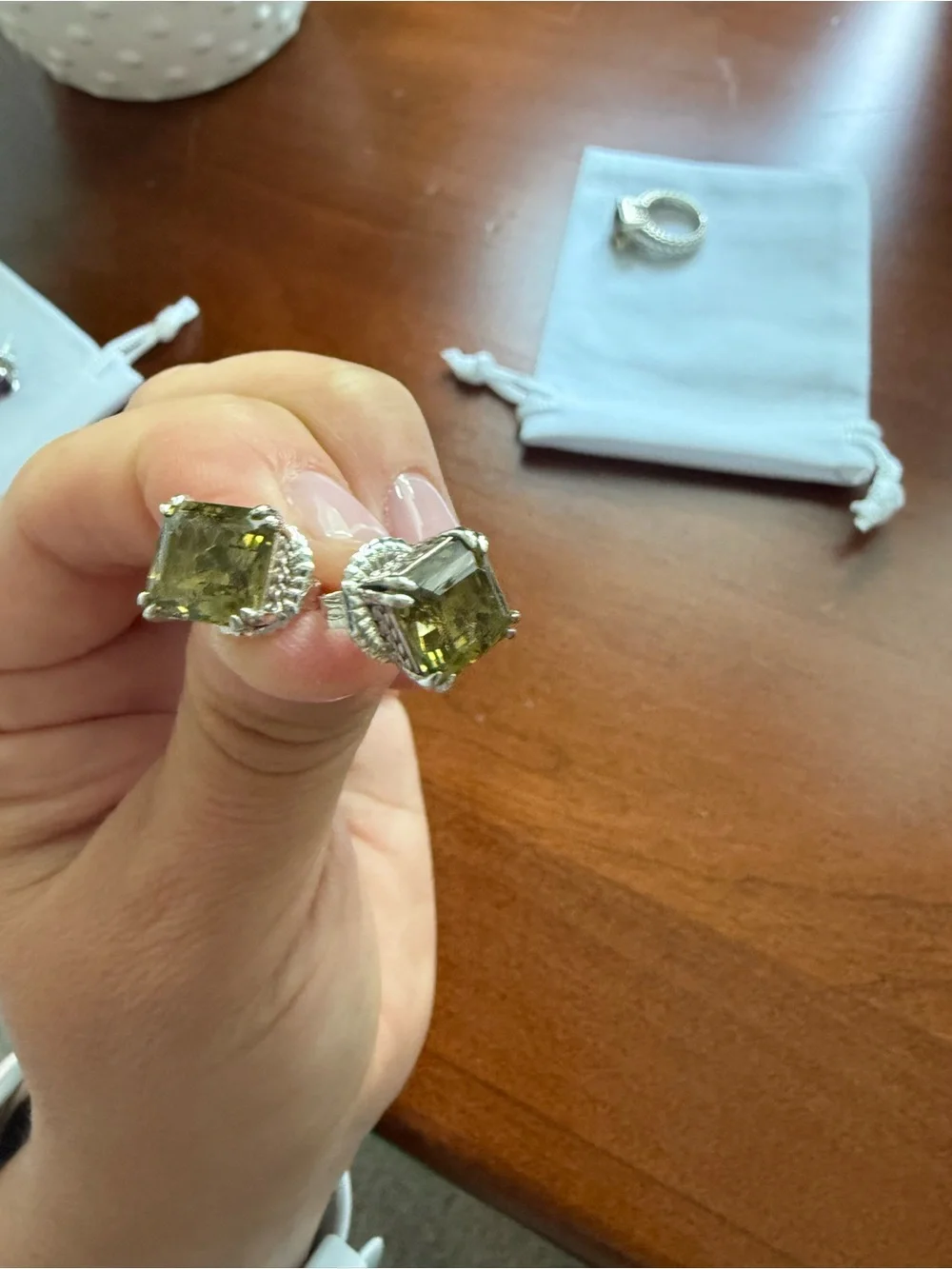 JAI Sterling Silver Asscher Cut Olive Quartz Ring & Earring Set, size 5
